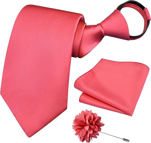 Branduce 3.15"（8cm） Pre-tied Adjustable Zipper Tie and Lapel Pin Solid Necktie Handkerchief Set for Men