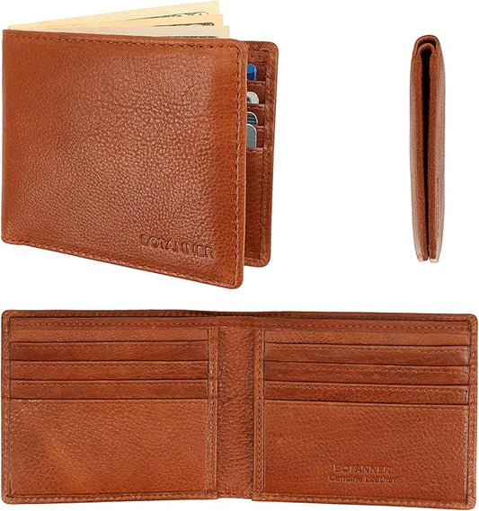 Mens Genuine Leather Bifold Wallet RFID Blocking 8 Credit Card Slots 2 Sections for Bills & 2 Additional Slots | Tan