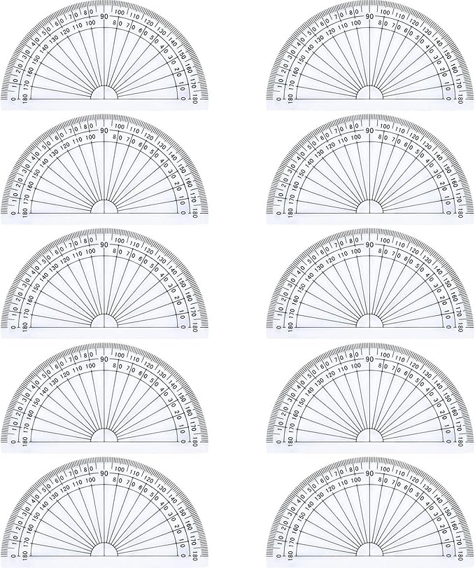 Outus Plastic Protractor for Angle Measurement Student Math 180 Degrees, 4 Inches, Clear, 10 Pack