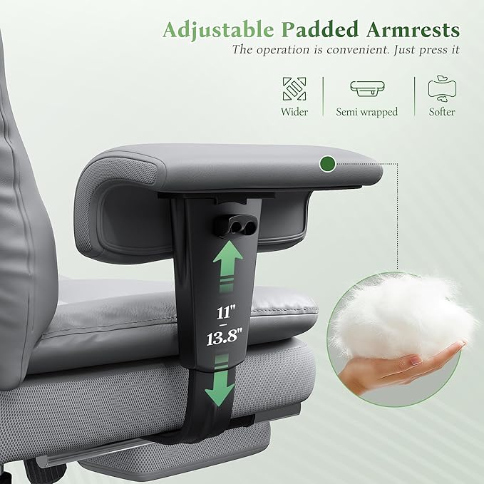 Ergonomic Office Chair with Foot Rest and Arms,Big and Tall Leather Executive Office Chair with Wide&Deep Seat Thickened,Reclining Comfy Desk Chair with High Back and Lumbar Support,Grey