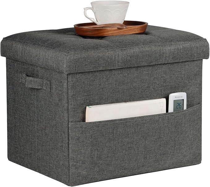 Storage Ottoman Foot Rest, Folding Linen Cotton Ottoman with Storage with Side Pockets and Handle, Foot Stool for Lounge, Study Corner, Home Office, 17x17x13 Inches, Dark Gray