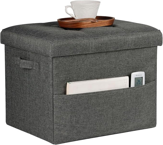 Storage Ottoman Foot Rest, Folding Linen Cotton Ottoman with Storage with Side Pockets and Handle, Foot Stool for Lounge, Study Corner, Home Office, 17x17x13 Inches, Dark Gray
