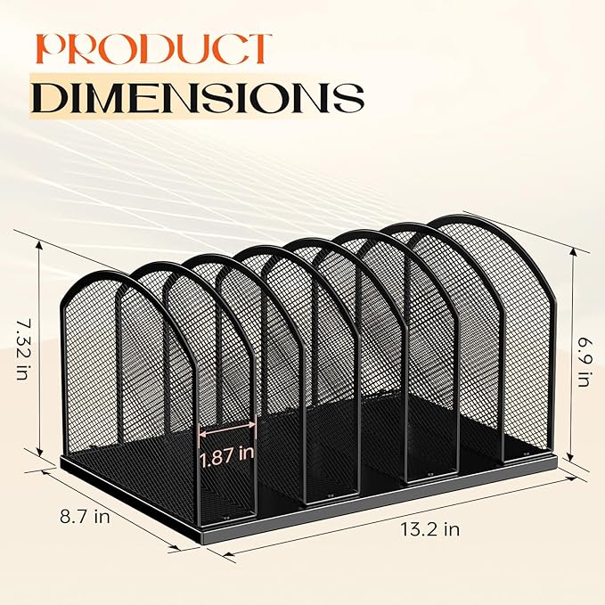 7-Section Metal Upright File Sorter Organizer，Office Small Letter Sorter Desktop File Organizer Metal Mesh Iron Sole, Black