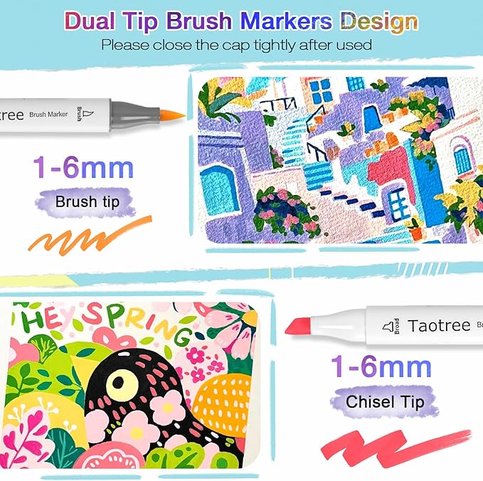 Taotree Alcohol Markers Brush Tip, 121 Colors Brush Markers Dual Tip Coloring Pens, Brush & Fine Tip Sketch Illustration Drawing Art Supplies Gift for Artist Coloring Book Painting, Sketching