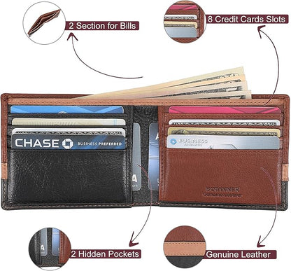 Mens Genuine Leather Bifold Wallet | RFID Blocking, 8 Credit Card Slots, 2 Sections for Bills & 2 Additional Slots | Tan/Camel/Black