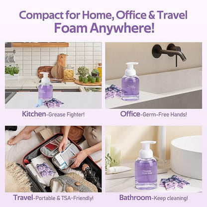 Foam Soap Refill with Dispenser Hand Wash Set, 12 Foaming Hand Soap Refills Tablets +1 Glass Foaming Dispenser +2 Microfiber Cloths, Make 96 fl oz - No Plastic, Cleansing & Moisturizing, Lavender