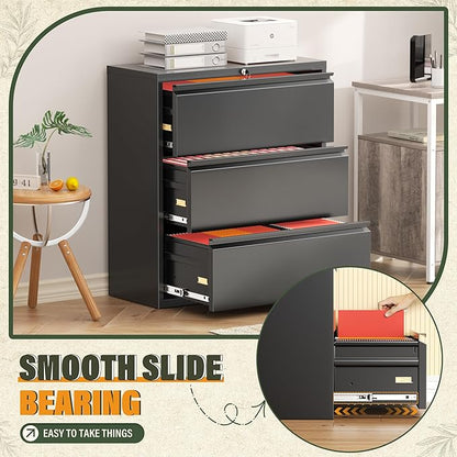 Greenvelly Lateral File Cabinet 3 Drawer, Lockable Metal Filing Cabinet for Home Office, Black Metal File Cabinet with Lock for Legal/Letter/A4/F4 Size with Hanging Bars&Key
