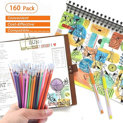 160 Colors Gel Pen Ink Refills, Glitter Neon Gel Ink Pens Refills Replace Cartridges for Glitter Gel Pens Set,for Kids Drawing Adult Coloring Books Journaling Women Gifts, No Repeats