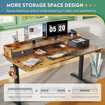 DEVAISE 55×28 Inch Electric Standing Desk with Drawers, Computer Desk with 3 Adjustable Height, Storage Shelf, Built-in USB Outlets and Memory Preset, Sit to Stand Desk for Home Office, Rustic Brown