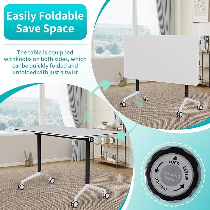 Conference Room Table, Folding Conference Table with Silent Wheels, Modular Flip Top Mobile Training Tables for Office, Training Room, Meeting Rooms, School, 2-16 Person (4, White, 61in)