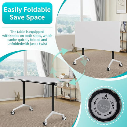 Conference Room Table, Folding Conference Table with Silent Wheels, Modular Flip Top Mobile Training Tables for Office, Training Room, Meeting Rooms, School, 2-16 Person (4, White, 61in)