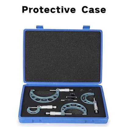 REXBETI 4Pcs Outside Micrometer Set, 0-4" Machinist Micrometer, Ultra-Precision Carbide Tipped Measuring Tool Set, 0.001" Graduation, +/-0.0001" Accuracy, Protective Case