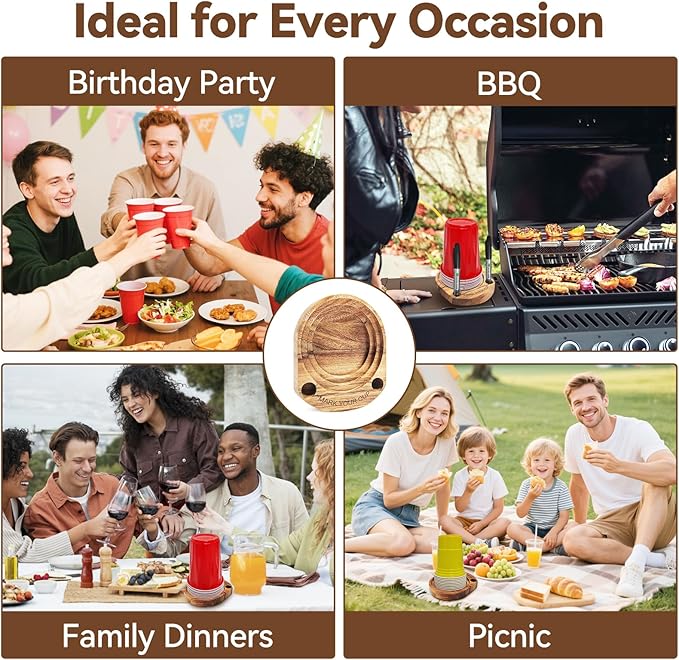 Party Cup Holder with Marker Slot, Acacia Wood Bathroom Cup Dispenser Mark Your Cup and Drink Up, Hosting Essential to Prevent Mix-Ups & Mark Your Cup for Birthdays, BBQs, Holiday Events
