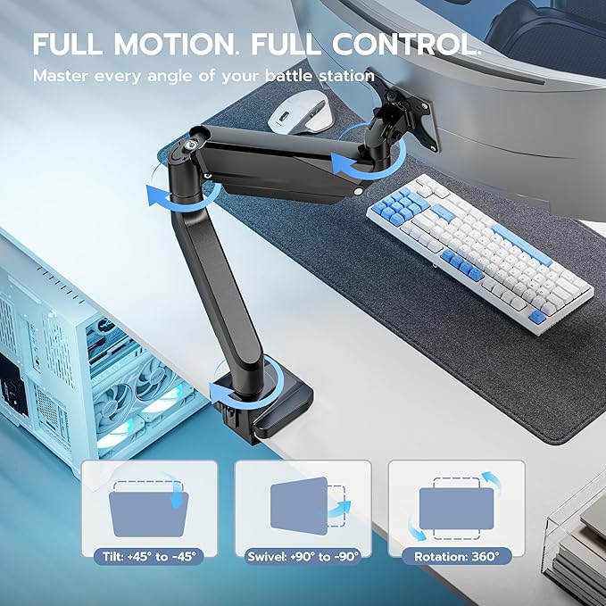 ARES WING Single Monitor Arm, Heavy Duty Adjustable Monitor Arm for 13"-49" Screens with USB, Gas Spring Desk Mount Stand with C Clamp/Grommet Mounting Base up to 40lbs Computer, Black