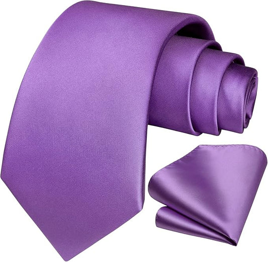 HISDERN Mens Solid Color Ties Formal Satin Necktie and Pocket Square Set Classic Wedding Business Tie & Handkerchief