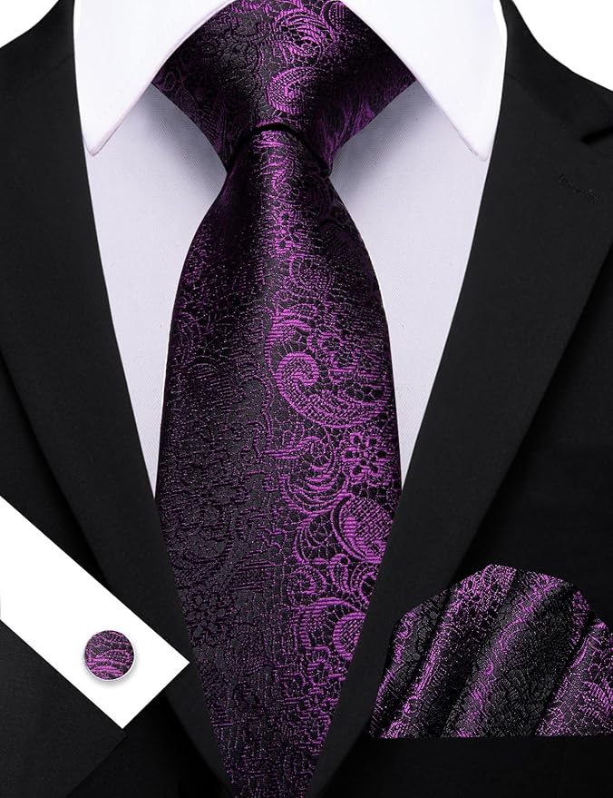 Barry.Wang Tie Sets for Men Silk Solid Necktie Stain Ties Handkerchief Pocket Square Cufflinks Wedding Business Dyed