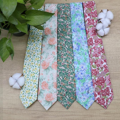 Cotton Floral Ties for Men 2.76" Men's Skinny Tie Linen Flower Printed Neck Tie for Wedding Dating Party