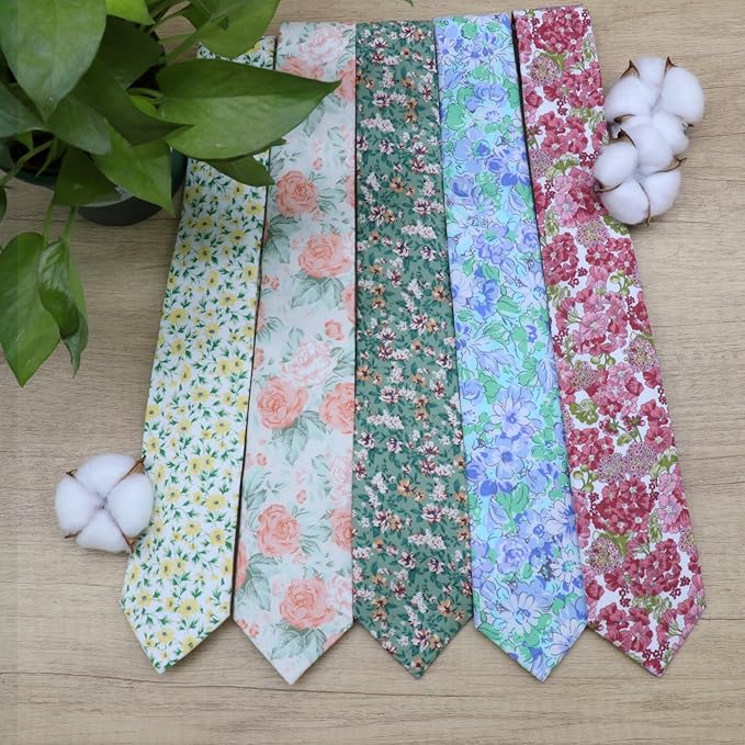 Cotton Floral Ties for Men 2.76" Men's Skinny Tie Linen Flower Printed Neck Tie for Wedding Dating Party