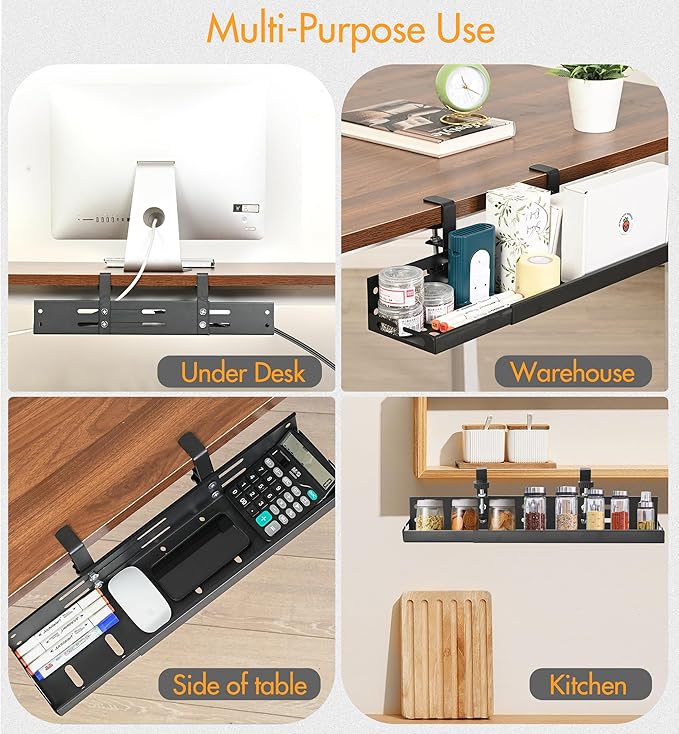 No Drill Under Desk Cable Management Tray, 17"-30" Retractable Long Cable Tray with Clamp Mount, Metal Cord Organizer, Support 50 lbs+, Wire Management Basket for Home Office, Black