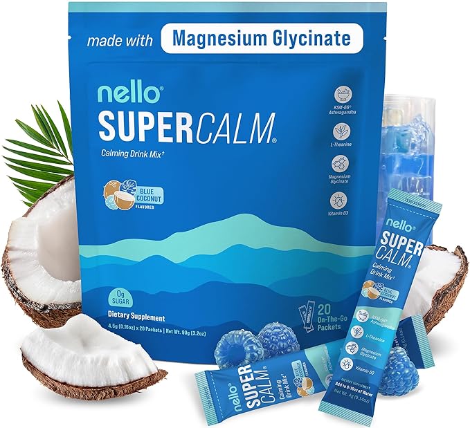 Nello Supercalm Drink Mix with Magnesium Glycinate, KSM 66 Ashwagandha, Vitamin D3 and L Theanine, Calm Powder Supplements for Relaxation Support, No Sugar, Travel Packets, 20 Ct, Blue Coconut