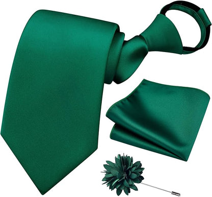 Branduce 3.15"（8cm） Pre-tied Adjustable Zipper Tie and Lapel Pin Solid Necktie Handkerchief Set for Men