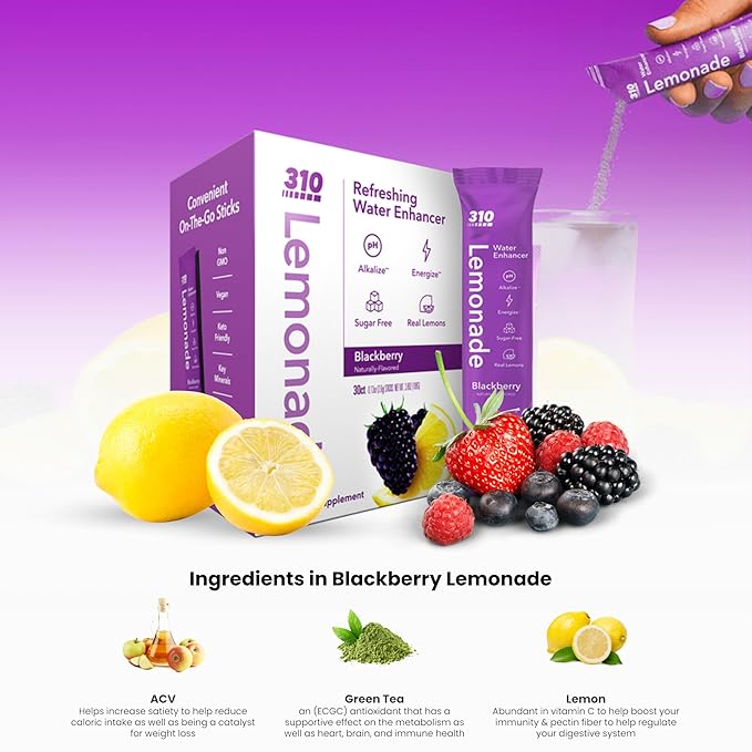 310 Nutrition Electrolyte Lemonade Powder No Sugar – BlackBerry Lemonade Water Flavoring Packets – Hydration & Energy Drink Mix – Zero Sugar, Low Calorie Water Enhancer – 30 Singles – Made in The USA