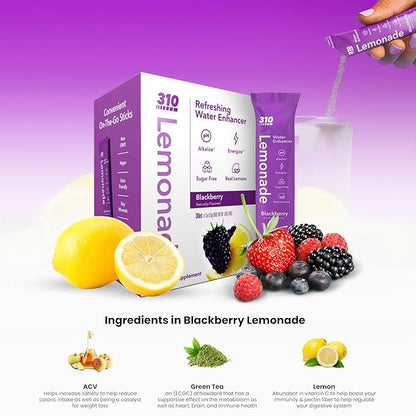 310 Nutrition Electrolyte Lemonade Powder No Sugar – BlackBerry Lemonade Water Flavoring Packets – Hydration & Energy Drink Mix – Zero Sugar, Low Calorie Water Enhancer – 30 Singles – Made in The USA