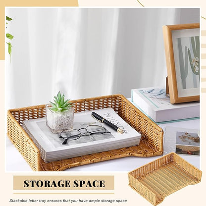 Yeaqee 2 Pcs Paper Tray Organizer for Desk Woven Letter File Organizer A4 File Tray Desk Paper Basket Letter Size Imitation Rattan Holder Organization Rack for Office Storage(Brown,Wheat Ear Pattern)