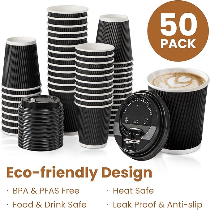 Fit Meal Prep 50 Pack 8 oz Black Disposable Coffee Cups with Lids & Stirrers, Corrugated Triple Wall To Go Hot Cups, Insulated Paper Coffee Cups for Hot Beverages, Travel, Home, Office (Black Lids)