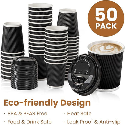 Fit Meal Prep 50 Pack 8 oz Black Disposable Coffee Cups with Lids & Stirrers, Corrugated Triple Wall To Go Hot Cups, Insulated Paper Coffee Cups for Hot Beverages, Travel, Home, Office (Black Lids)