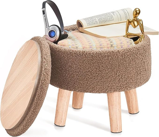 Poofzy Small Ottoman with Storage, Small Foot Stool Ottoman with Wood Legs, Sherpa Foot Rest for Couch, Living Room and Bedroom - Brown