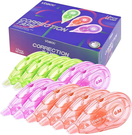 White Correction Tape, Easy To Use Applicator for Instant Corrections Wrong Writing At Any Time, For school, Office (red, purple, green, 12pack, 6M/256" x 0.2")
