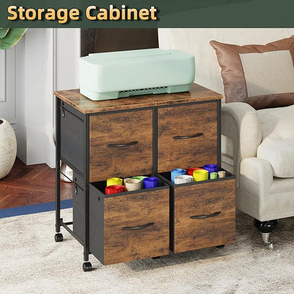 4 Drawer Lateral File Cabinet, Mobile Filing Cabinet for Large Printer, Home Office Functional Small Office Storage Cabinet & Printer Stand, Fabric Drawer, Fits Letter/A4, Rustic Brown
