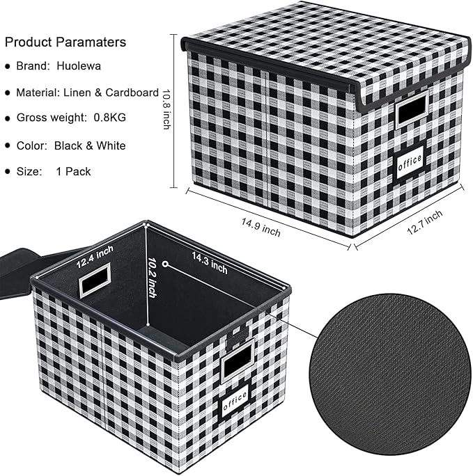 Huolewa Collapsible File Storage Organizer Box with Lid, Lattice Linen Office Document Storage, Universal Hanging Filing Organization Box for Letter/Legal Folder, Decorative Home File Bin