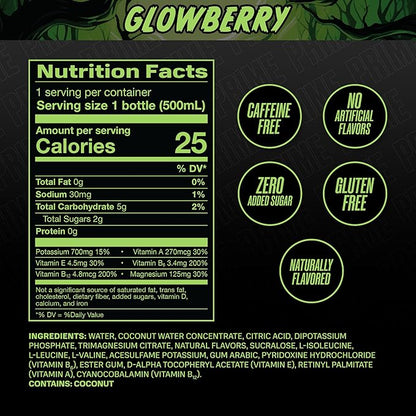 PRIME Hydration GLOWBERRY, Sports Drinks, Electrolyte Enhanced for Ultimate Hydration, 250mg BCAAs, B Vitamins, Antioxidants, Low Sugar, 16.9 Fl Oz, 12 Pack