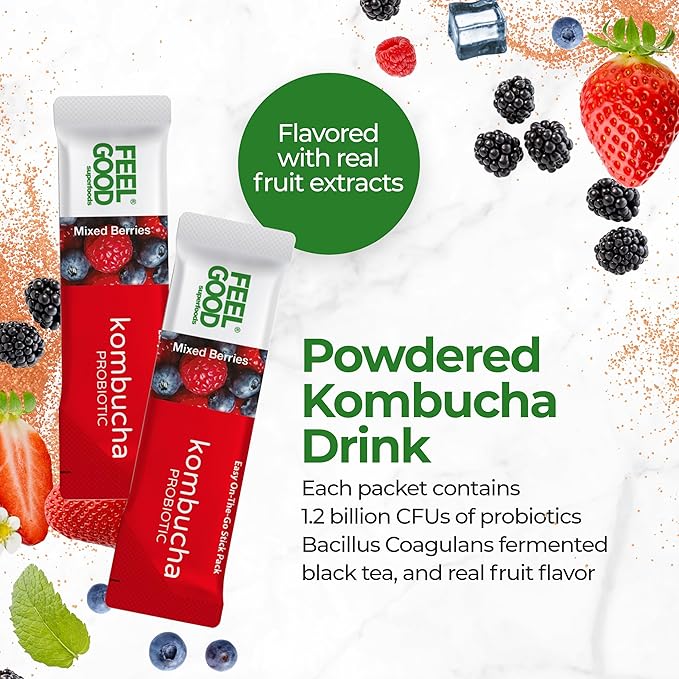 FeelGood Superfoods Kombucha Iced Tea Packets, Delicious Mixed Berries Flavored Refreshing Instant Kombucha Powder Fizzy Drink, Probiotic Supplement for Gut Health, 14 Pack