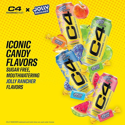 Cellucor C4 Performance Energy Drink | JOLLY RANCHER Green Apple | Zero Sugar Carbonated Preworkout Energy | 200mg Caffeine with Beta Alanine | 16 Fl Oz (12 Pack)