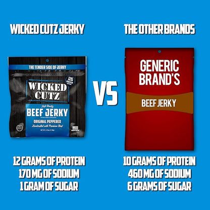 Wicked Cutz Original Peppered Beef Jerky, 36g Protein Per Bag, Tender & Easy to Chew Alternative to Beef Sticks, USA Made High Protein Carnivore Snacks (2 Bags)