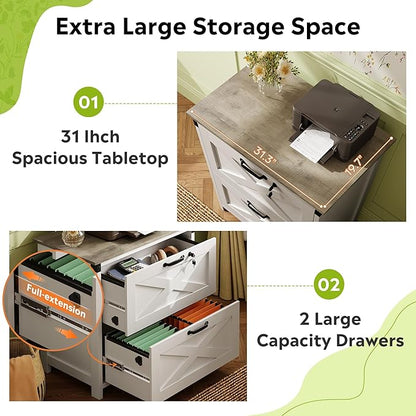 DEVAISE 2 Drawer Farmhouse File Cabinet with Lock, Lateral Filing Cabinet for Letter/Legal/A4 Size, Wood Printer Stand for Home Office, White