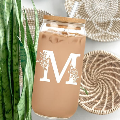 Personalized Tumbler, Monogrammed Can Glass Cups with Bamboo Lids and Straws, Customized Gifts for Women, Cute Design Initial Iced Coffee glasses, Custom Letter Mug, Birthday Bridesmaid, Z