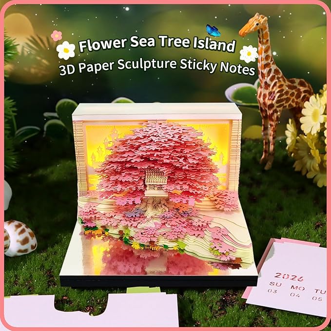 Time Piece Calendar 2026 Desk Calendar 3D Memo Pad Weekly Calendar Tear-Away Paper Carving Art Notepad Gift for Thanksgiving Christmas Office Desktop Decoration-Pink Flower Island