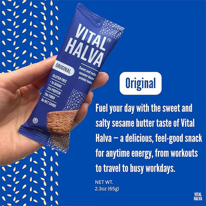 Vital Halva Vegan Protein Fiber Bar, Original Sesame, Gluten Free, Dairy Free, Soy Free, Low Sugar, No Added Sugar, 12G Protein, 19G Fiber, 6G Net Carbs, Snack Bar, 10ct