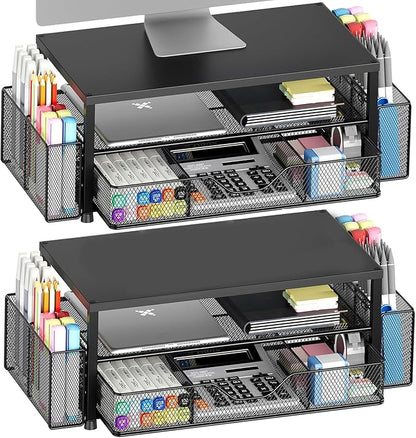 Desk Organizer and Accessories, 2-Tier Computer Monitor Stand Riser with Drawer and 2 Pen Holders, Laptop Stand, Office Desk Accessories for Office Supplies, Black 2-Pack
