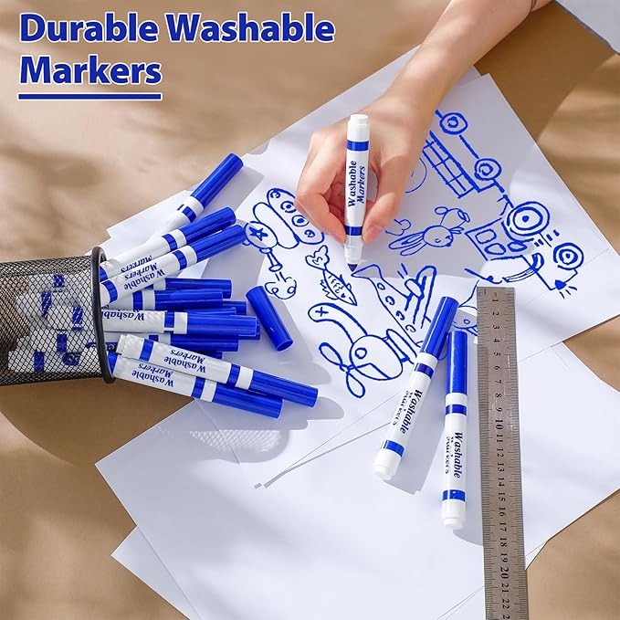 Janlaugh 36 Pcs Blue Washable Markers Bulk Coloring Broad Line Markers for Kids Blue Conical Tip drawing pen for School Supplies, travel Art baby shower gender reveal party Supplies, Ages 6+