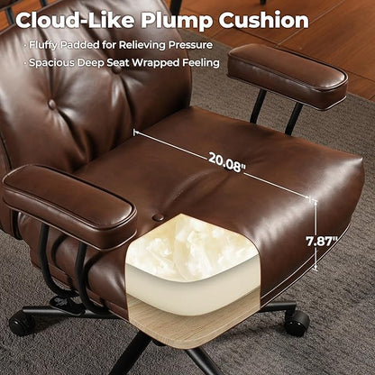 ovios Home Office Chair, Mid-Century Modern Faux PU Leather Chairs with Lumbar Support Comfy Thick Cushion, High Back Ergonomic Swivel Rolling Executive Armchair (Dark Brown, PU Leather)