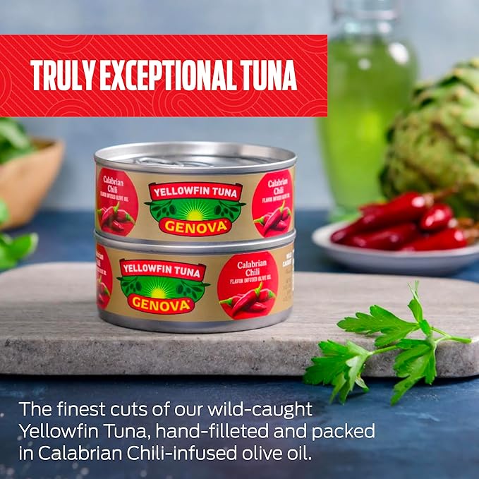 Genova Premium Yellowfin Tuna in Calabrian Chili Infused Olive Oil, 5 Ounce Cans (Pack of 12), Wild Caught Tuna, Solid Light