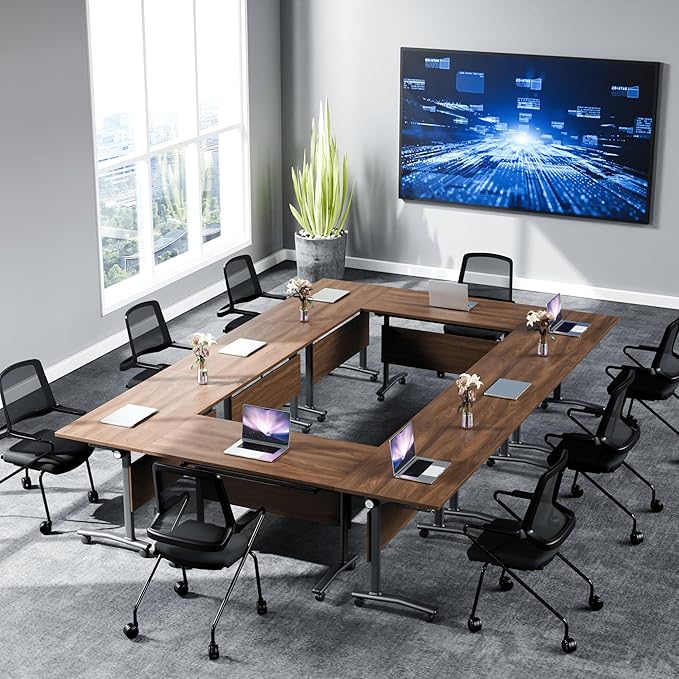 Conference Table Folding Conference Room Tables, Modern Mobile Meeting Training Table with Silent Wheels, Foldable Seminar Table for Offices, Classrooms, Libraries (8, Walnut, 70.8in)