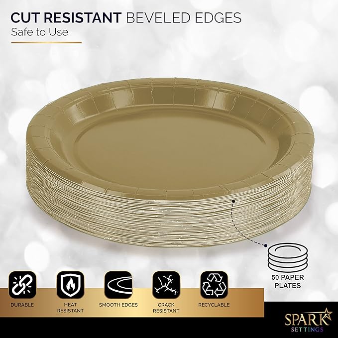 Gold Paper Plates, 6 3/4 Inch Dessert Plates, Strong & Sturdy for Parties, Dinners, Holidays, Picnics & Travel - Pack of 50