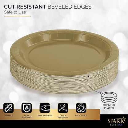 Gold Paper Plates, 6 3/4 Inch Dessert Plates, Strong & Sturdy for Parties, Dinners, Holidays, Picnics & Travel - Pack of 50