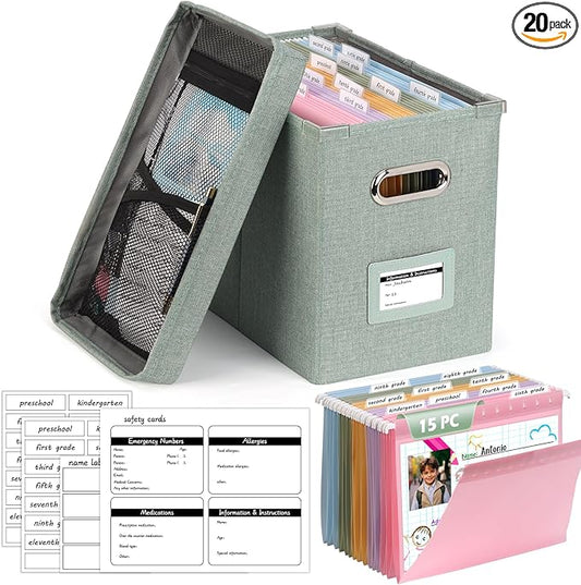 DOSTATNI School Years Organizer Kit K-12 School Years Memory Keeper with 15 Hanging File Folders Plastic 4 different Labels Memory Keepsake Box for kids Storage Pictures File Keeper (Letter Size)